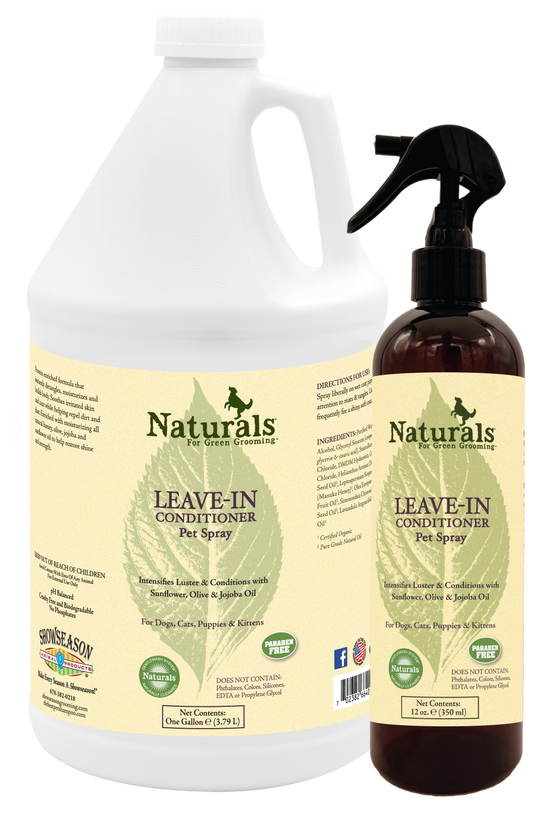 Naturals for Green Grooming Leave-in Conditioner Pet Spray in 1 gallon and 12 ounce bottles. 