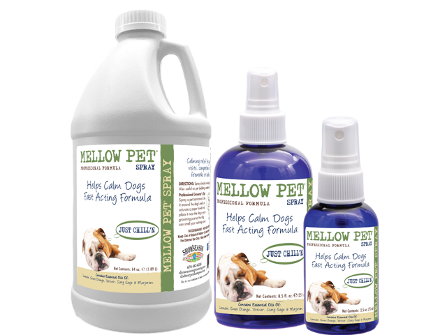 Mellow Pet Spray for calming dogs in half gallon bottle, 8.5 ounce pump spray bottle and 2.5 ounce pump spray bottle. 