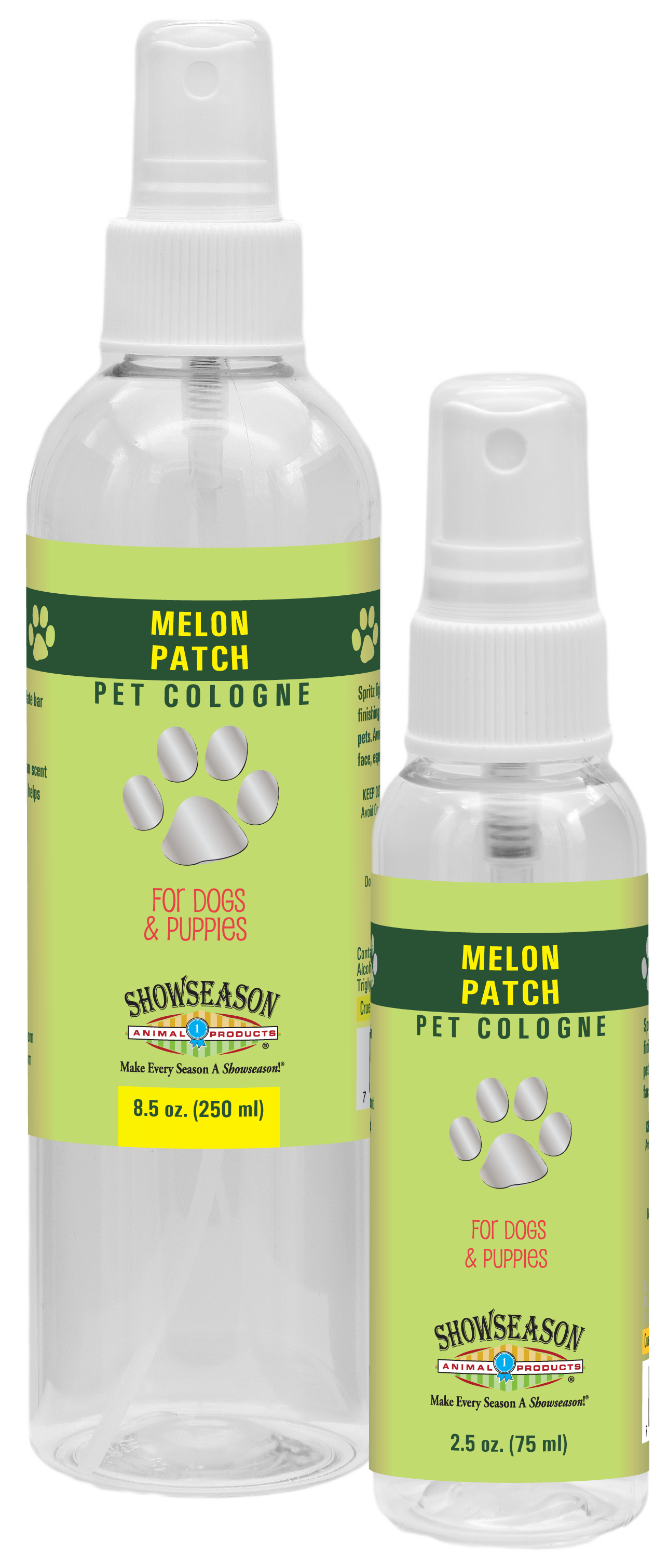 Melon patch Pet Cologne in  8.5 and 2.5 ounce pump spray bottles. 