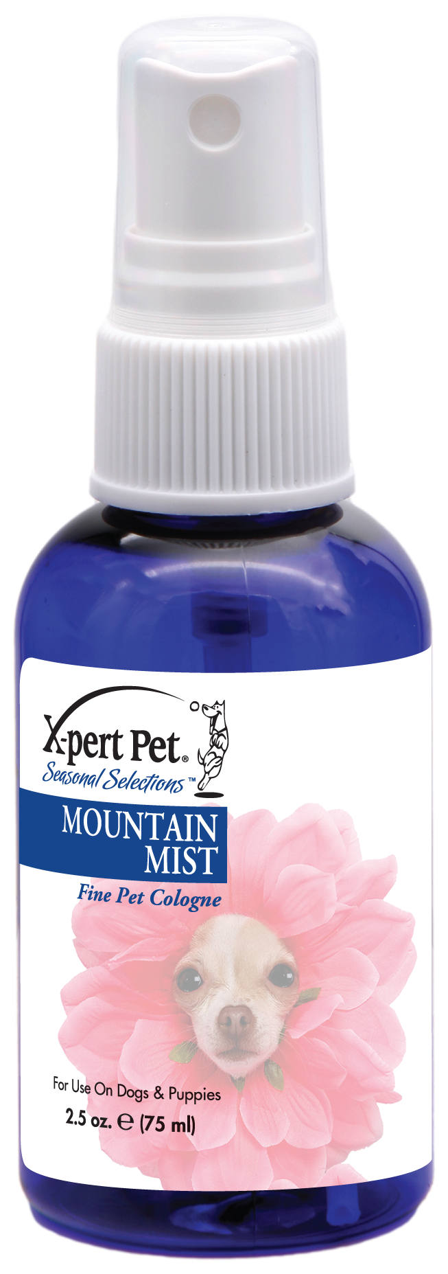 X-Pert Pet Seasonal Selection Mountain Mist Fine Pet Cologne in 2.5 ounce blue pump spray bottle.