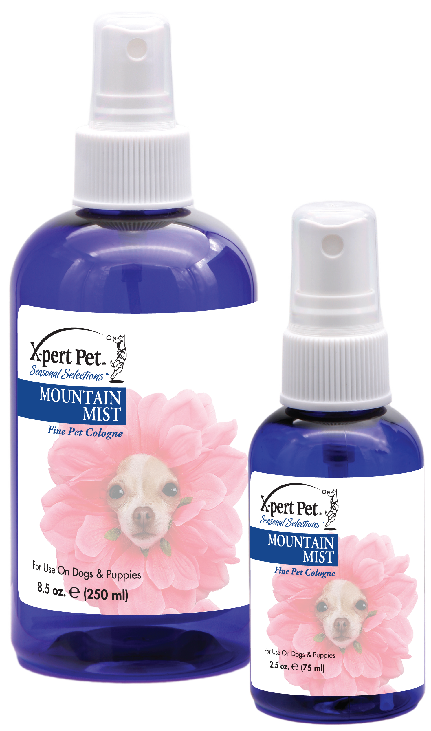 X-Pert Pet Seasonal Selection Mountain Mist Fine Pet Cologne in 8.5 and 2.5 ounce blue pump spray bottles.