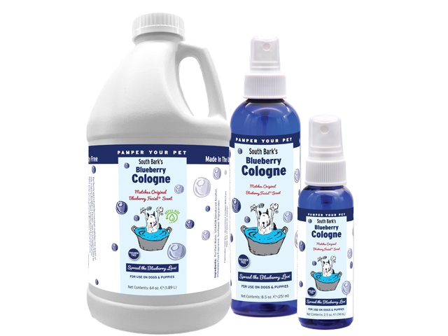 South Bark's Blueberry Cologne in 1 gallon, 8.5 ounce, and 2.5 ounce bottle. 