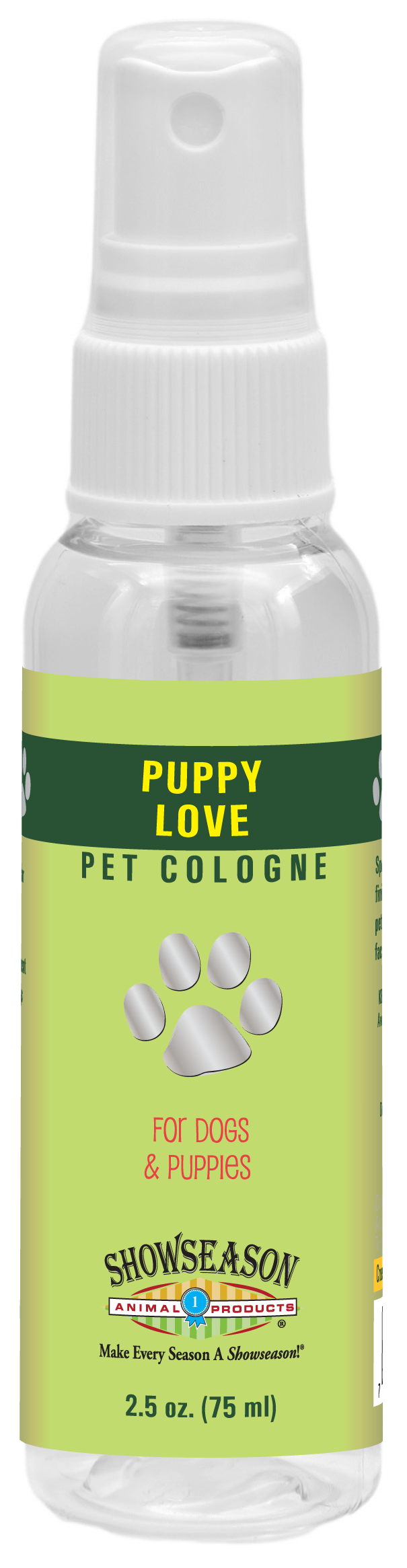 Showseason Puppy Love Pet Cologne in a 2.5 ounce spray bottle. 
