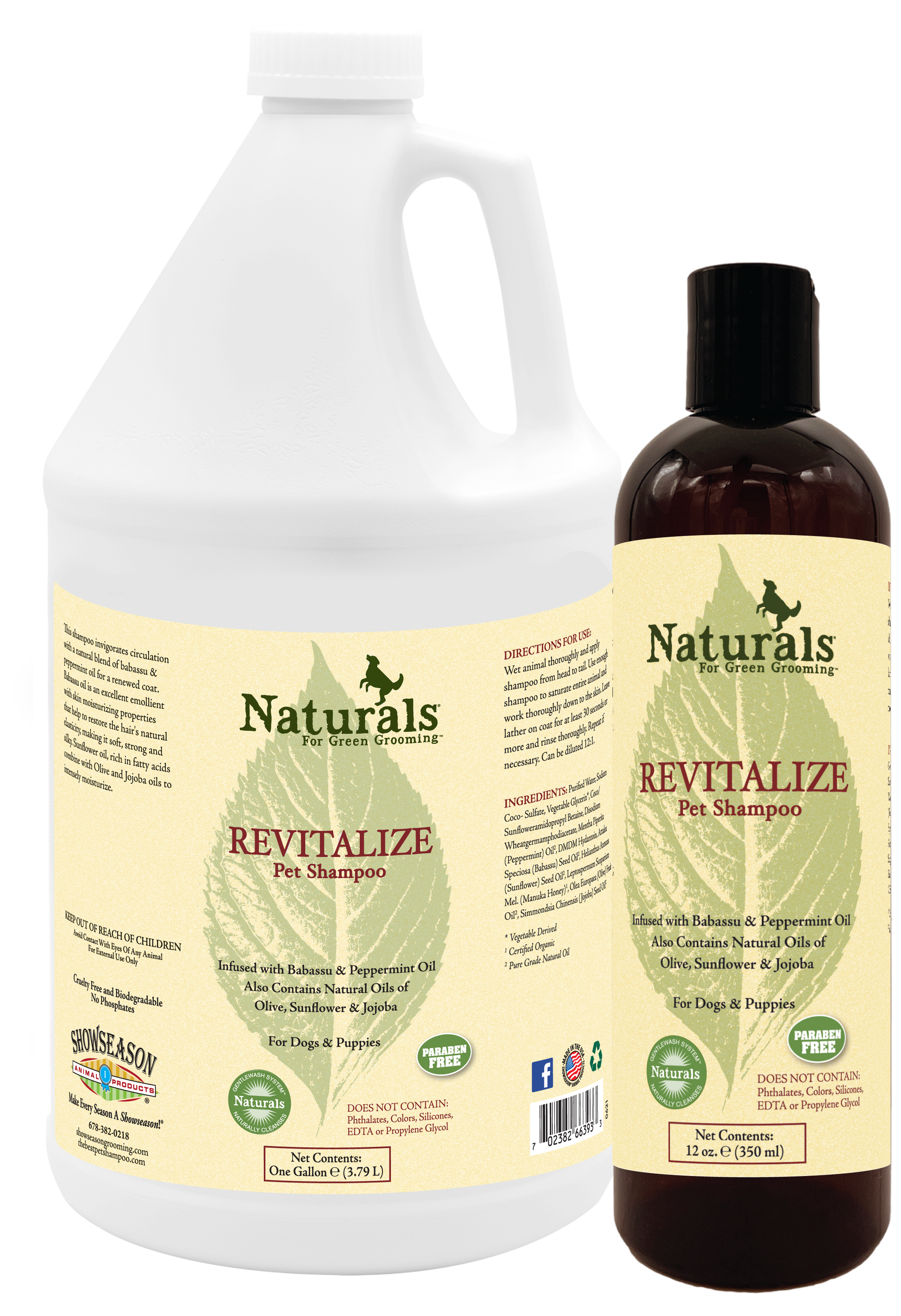 Naturals for Green Grooming Revitalize Pet Shampoo in two sizes, a one bottle and 12 ounce bottle. 