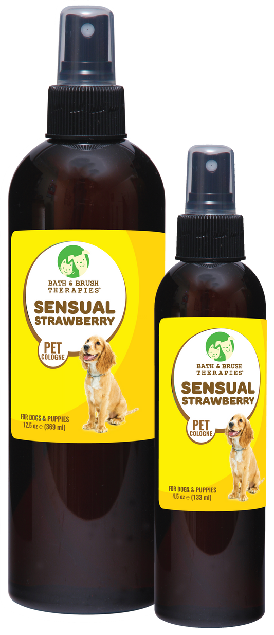 Bath and Brush Therapies Sensual Strawberry Pet Cologne in two brown spray bottles, a 12,5 ounce and a 4.5 ounce bottle. 