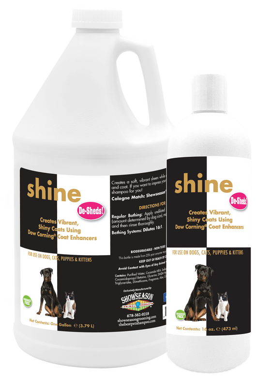 Shine Deshed Shampoo in two sizes, 1 gallon and 16 ounce bottles. 