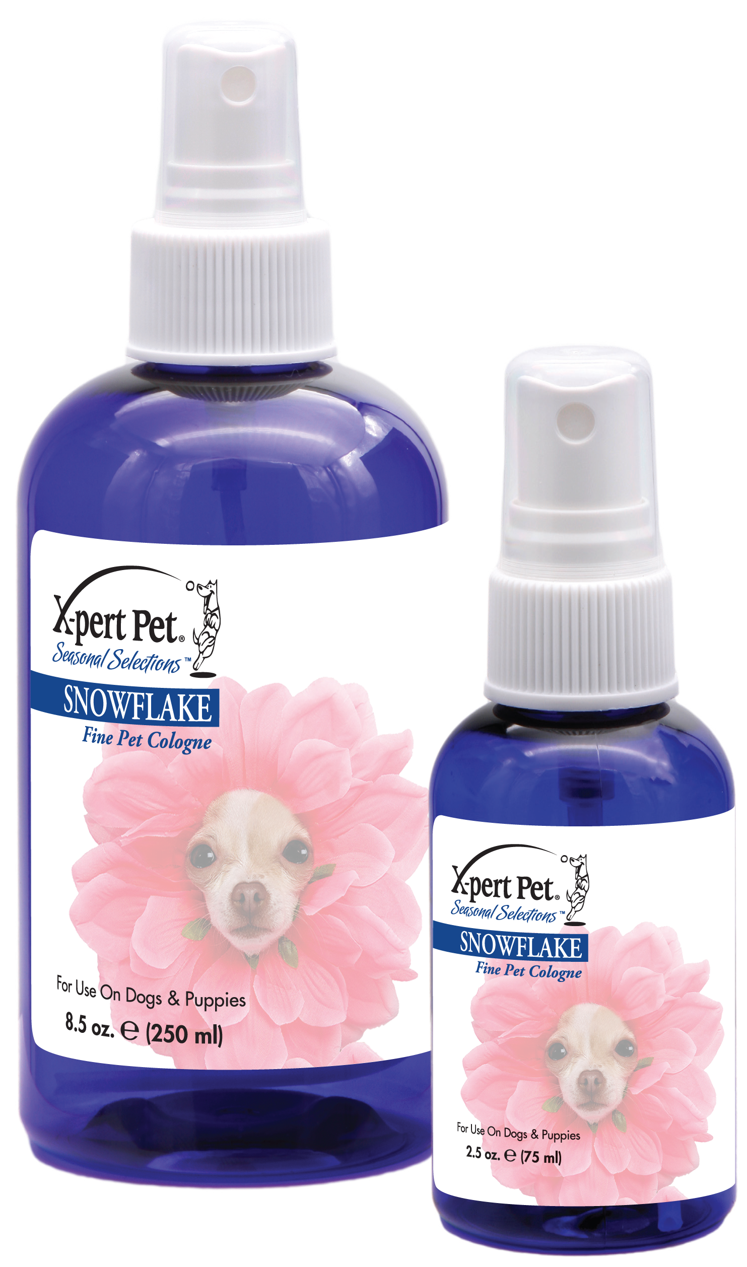 X-Pert Pet Seasonal Selection Snowflake Scent Fine Pet cologne in two bottle sizes, 8.5 ounce and 2.5 ounce spray bottles. 
