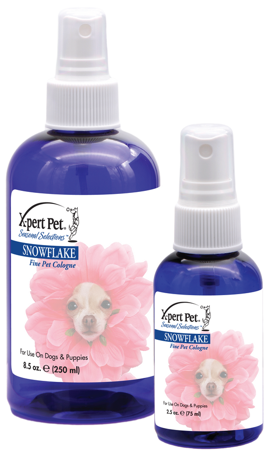 X-Pert Pet Seasonal Selection Snowflake Scent Fine Pet cologne in two bottle sizes, 8.5 ounce and 2.5 ounce spray bottles. 