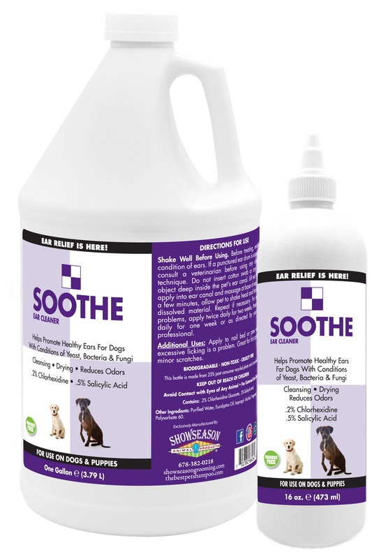Soothe Ear Cleaner in two bottles, a 1 gallon bottle and a 16 ounce bottle. 
