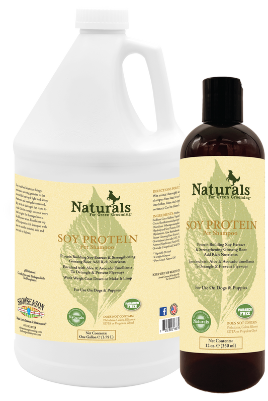 Naturals for Green Grooming Soy Protein Pet Shampoo in two sizes 1 gallon and 12 ounces. 