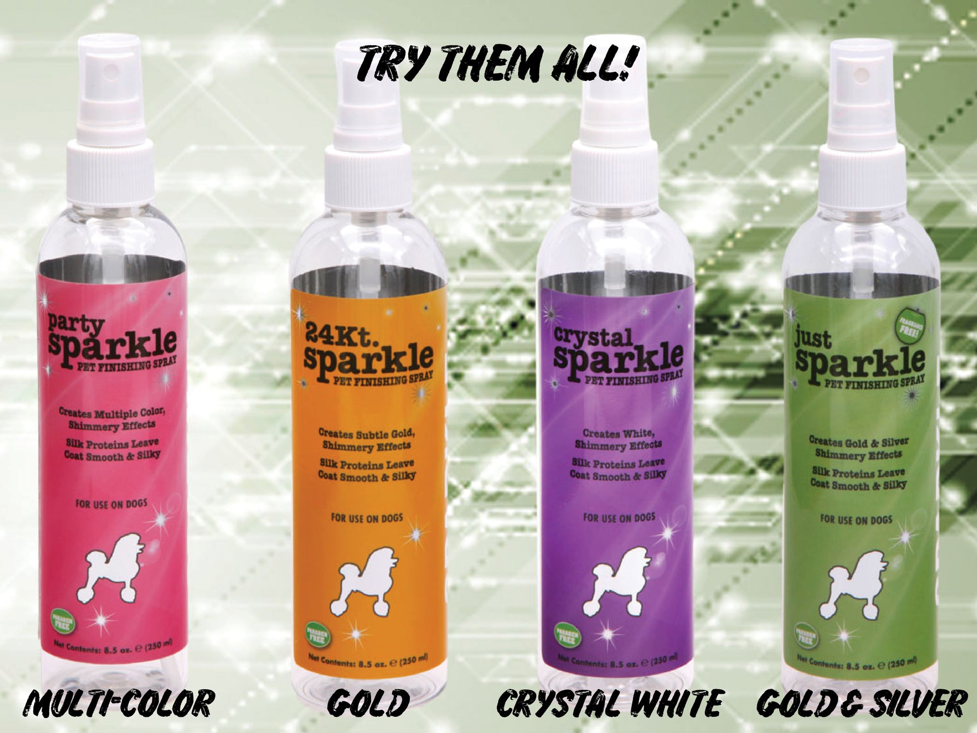 4 pack of Sparkle Finishing spray: Party Sparkle (Multi-color), 24kt Sparkle (Gold) Crystal Sparkle (White), and Just Sparkle (Gold and Silver). 