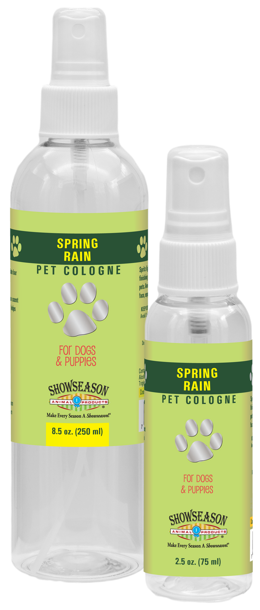Showseason Spring Rain Pet Cologne in two spray bottles, 8.5 ounce and 2.5 ounce. 