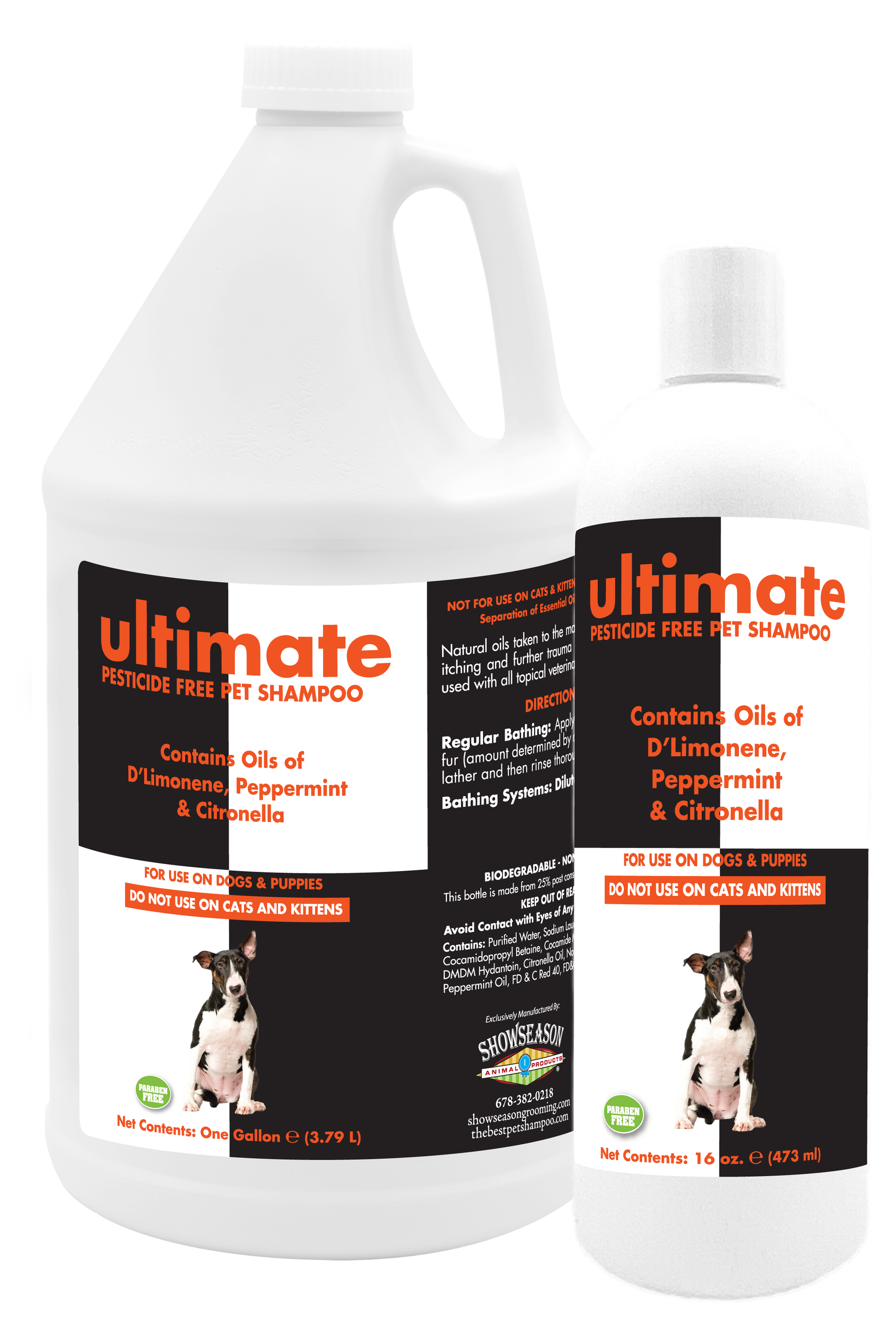 Ultimate Pesticide Pet Shampoo in 1 gallon and 16 oz bottles. 
