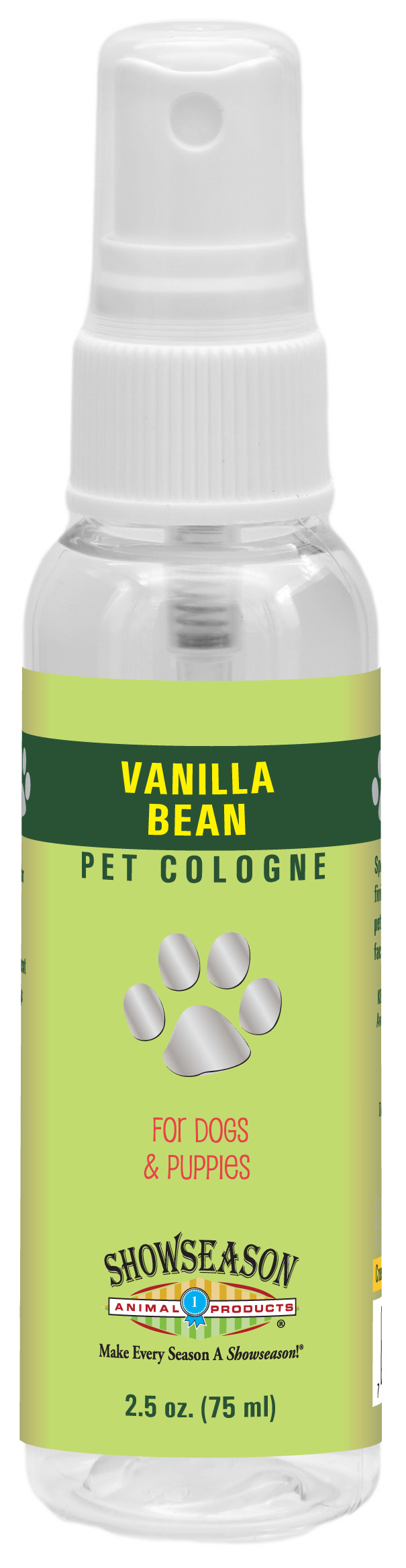 Showseason Vanilla Bean Pet Cologne in 2.5 oz spray bottle.